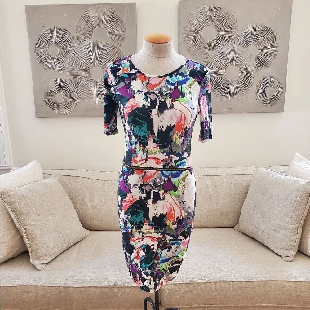 TOPSHOP | Multicolored Abstract Waist-Zipper Bodycon Dress - size 6